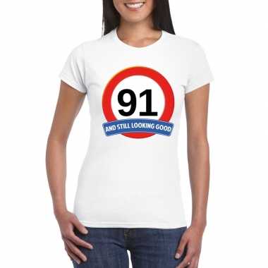 91 jaar verkeersbord t-shirt wit dames