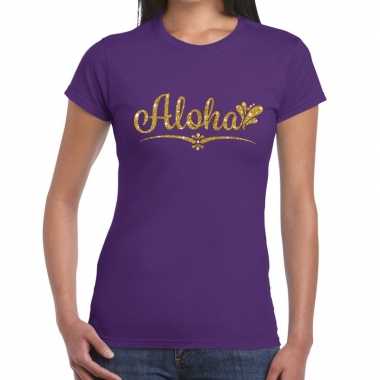 Aloha goud hawaii t-shirt paars voor dames