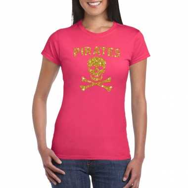 Carnaval foute party piraten t-shirt / kostuum roze dames met gouden glitter bedrukking