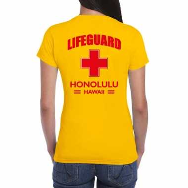 Carnaval reddingsbrigade/ lifeguard honolulu hawaii t-shirt geel / achter bedrukking dames