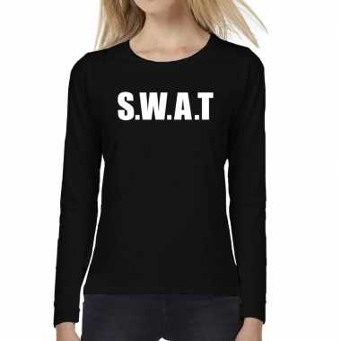 Dames fun text t-shirt long sleeve swat zwart