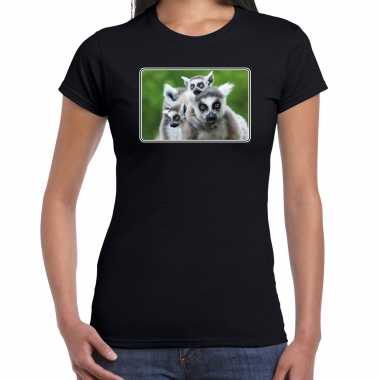 Dieren t-shirt met maki apen foto zwart voor dames - ringstaart maki cadeau shirt