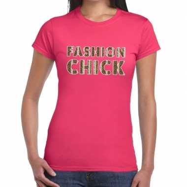 Fashion chick slangen print fun t-shirt roze voor dames