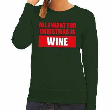 Foute kerstborrel trui groen all i want is wine dames