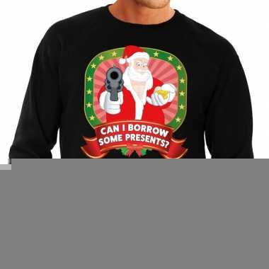 Foute kersttrui zwart kerstman met pistool can i borrow some presents
