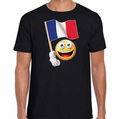 Frankrijk fan shirt met smiley en frans zwaaivlaggetje zwart voor heren