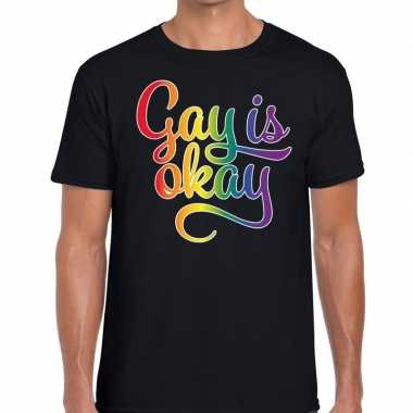 Gay pride gay is okay tekst/fun shirt zwart heren