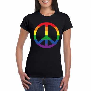 Gay pride regenboog peace teken shirt zwart dames