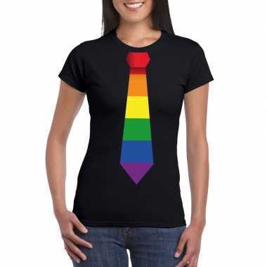 Gay pride shirt met regenboog stropdas zwart dames