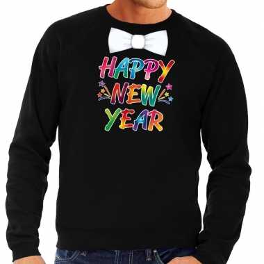 Gekleurde happy new year met strikje sweater / trui zwart voor heren