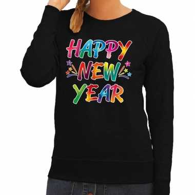 Gekleurde happy new year sweater / trui zwart voor dames