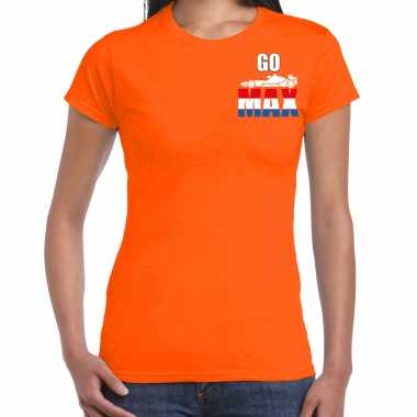 Go max autocoureur / autosport supporter met raceauto op borst t-shirt oranje voor dames