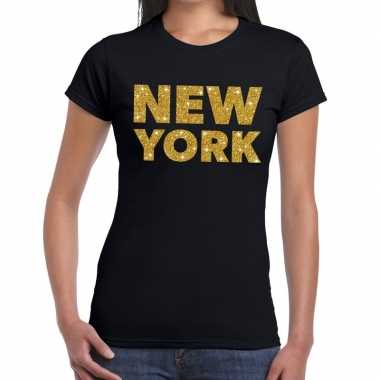New york gouden letters fun t-shirt zwart voor dames
