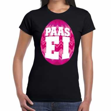 Pasen shirt zwart met roze paasei voor dames
