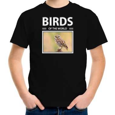 Steenuil foto t-shirt zwart voor kinderen - birds of the world cadeau shirt uilen liefhebber