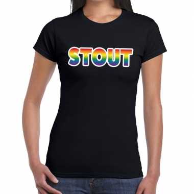 Stout gaypride tekst/fun shirt zwart dames