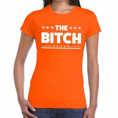 The bitch fun t-shirt oranje voor dames