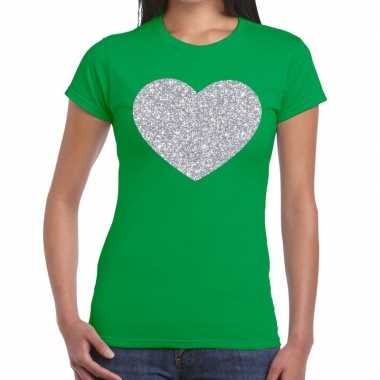 Zilveren hart glitter fun t-shirt groen voor dames