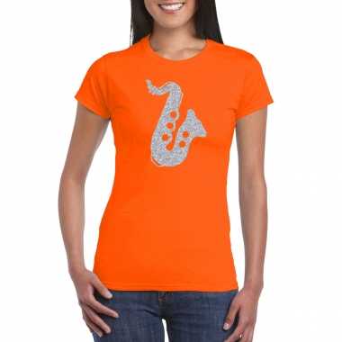 Zilveren muziek saxofoon t-shirt oranje voor dames - saxofonisten outfit