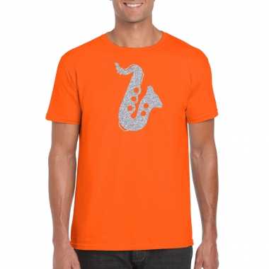 Zilveren muziek saxofoon t-shirt oranje voor heren / outfit voor saxofonisten