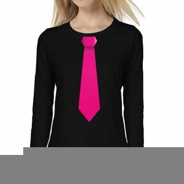 Zwart long sleeve t-shirt zwart met roze stropdas bedrukking dames