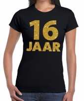 16 jaar fun t-shirt met gouden tekst zwart voor dames