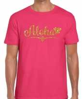 Aloha goud glitter hawaii fun t-shirt roze voor heren