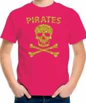 Carnaval piraten t-shirt roze voor kids met gouden glitter bedrukking