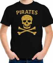Carnaval piraten t-shirt zwart voor kids met gouden glitter bedrukking