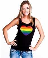 Gay pride mouwloos shirt regenboog vlag in hart zwart dames