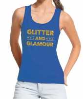 Glitter and glamour gouden tekst fun tanktop blauw voor dames