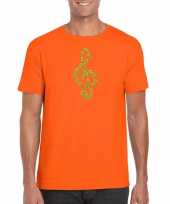 Gouden muziek noot g sleutel t-shirt oranje voor heren