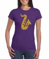 Gouden muziek saxofoon t-shirt paars voor dames saxofonisten outfit