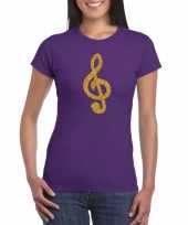 Gouden muzieknoot g sleutel t-shirt paars voor dames