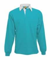 Heren turquoise rugbyshirt met witte kraag