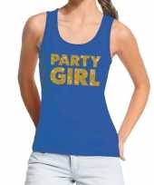 Party girl gouden tekst fun tanktop blauw voor dames