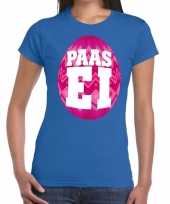 Pasen shirt blauw met roze paasei voor dames