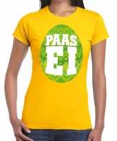 Pasen shirt geel met groen paasei voor dames