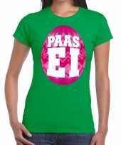 Pasen shirt groen met roze paasei voor dames