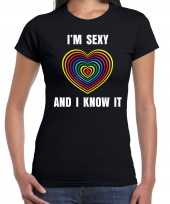 Regenboog hart sexy and i know it gay pride evenement-shirt voor dames zwart