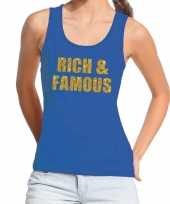 Rich and famous gouden tekst fun tanktop blauw voor dames