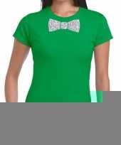 Vlinderdas t-shirt groen met zilveren glitter strikje dames