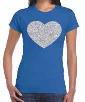 Zilveren hart glitter fun t-shirt blauw voor dames