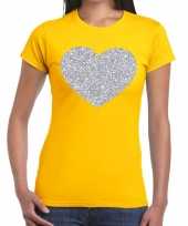 Zilveren hart glitter fun t-shirt geel voor dames