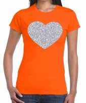 Zilveren hart glitter fun t-shirt oranje voor dames