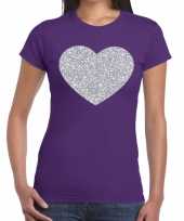 Zilveren hart glitter fun t-shirt paars voor dames