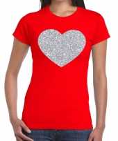 Zilveren hart glitter fun t-shirt rood voor dames