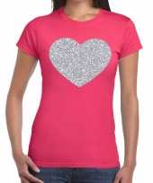 Zilveren hart glitter fun t-shirt roze voor dames