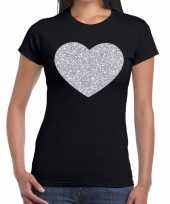 Zilveren hart glitter fun t-shirt zwart voor dames