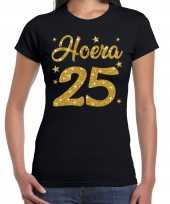 Zwart hoera 25 jaar verjaardag jubileum t-shirt voor dames met gouden glitter bedrukking